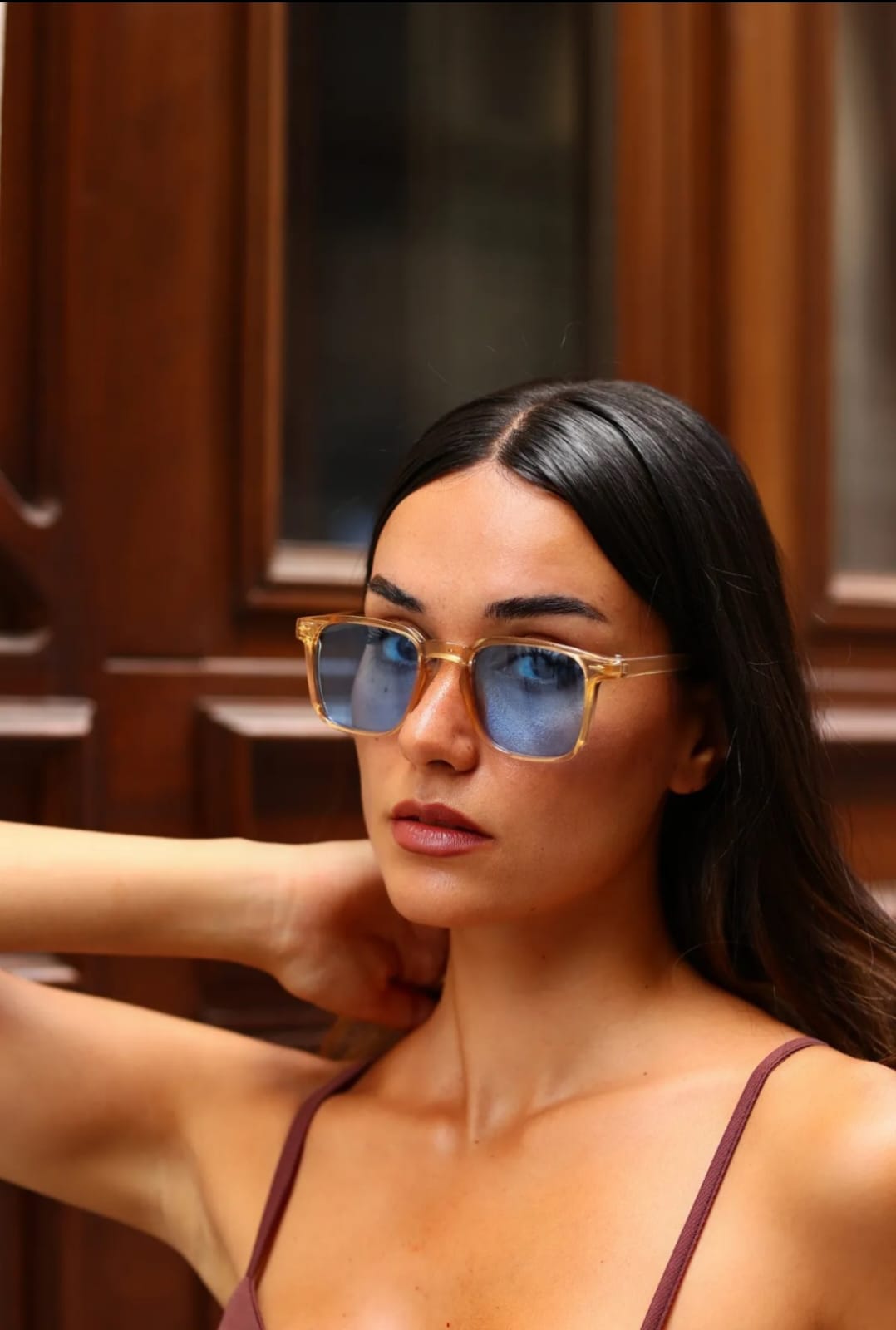 wilary Kadın Saydam Karamel Çerçeveli Mavi Lens Güneş Gözlüğü – Retro Stil